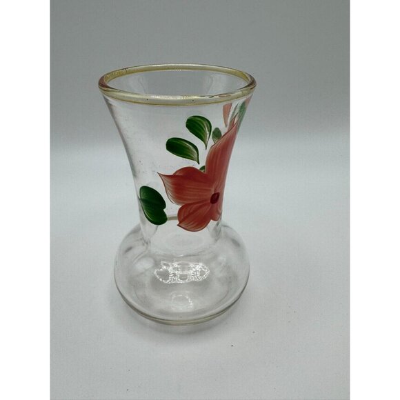 Vintage Bartlet Collins Clear Glass  Bud Vase Painted Flowers Gold Rim Pink 4" - Picture 4 of 5